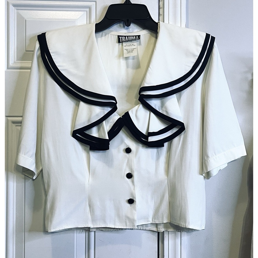 Vtg 80s 90s Sailor Blouse Trauma of California White Black Statement Collar M